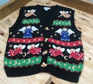 VTG Sweater Loft Christmas Vest Womens M 3D angel buttons grandmacore teacher